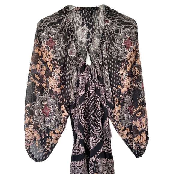 Free People Seven Wonders Black Combo Open Back Puff Sleeve Mini Dress Size M - Picture 3 of 12